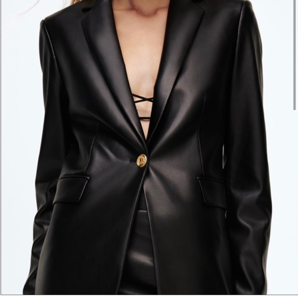 Black faux leather blazer with gold buttons